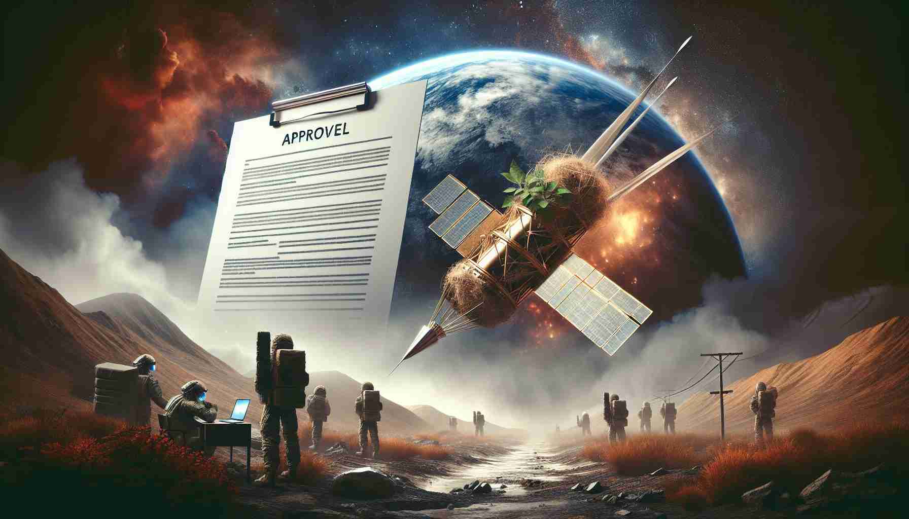 Generate an image showing a high-definition, realistic scene that symbolizes a revolutionary satellite service receiving its final approval. However, imbue the scene with elements hinting at the challenges that lie ahead. For example, incorporate imagery such as an official approval document juxtaposed with a weathered satellite surrounded by difficult terrains or harsh conditions, suggestive of the hurdles yet to be overcome.