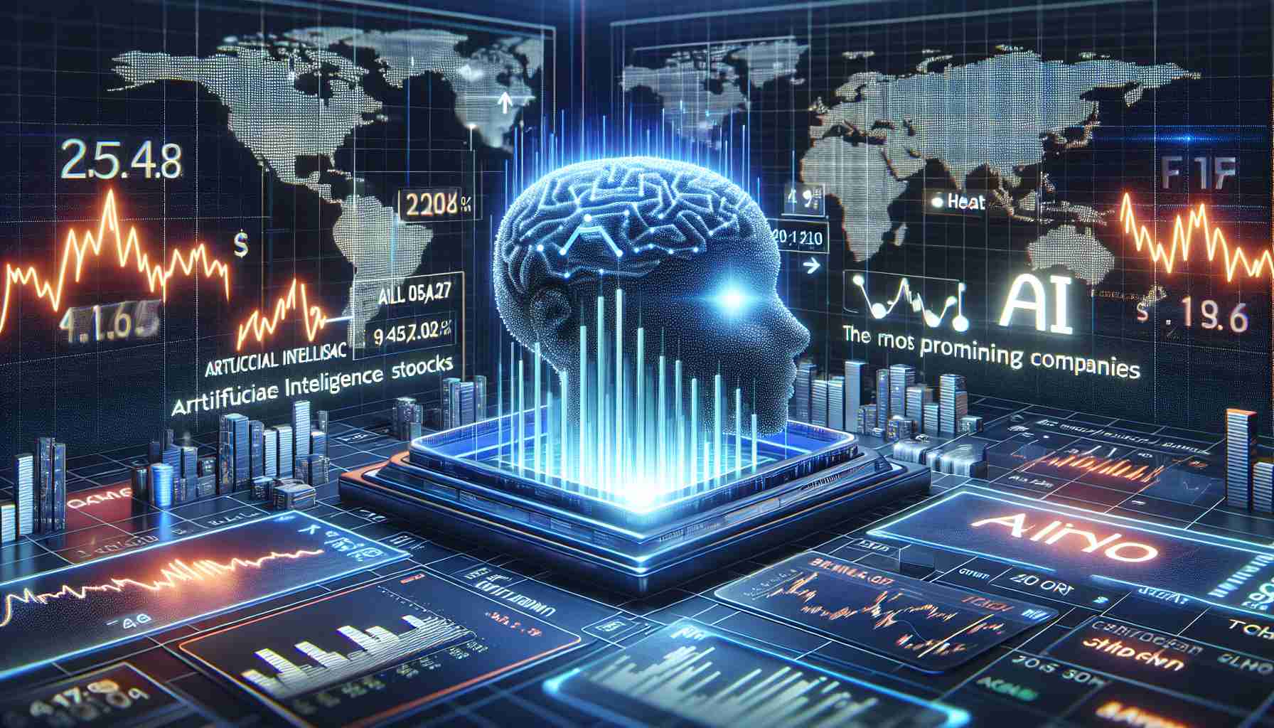 Create a high-definition realistic image which depicts the concept of Artificial Intelligence stocks being popular trend in the market. The scene could include components of a stock market, such as graphs showing upward trends, heat maps, company logos of tech giants and text banners promoting the most promising companies in AI realm. Please ensure all depicted elements are generic and avoid representing real companies or their logos.