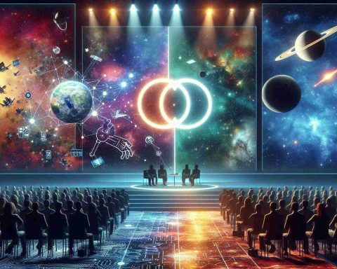 Illustration of a hypothetical groundbreaking collaboration in the field of technology: A world-renowned electronics company teams up with an innovative space exploration enterprise. The scene unfolds as the lights dim and a presentation screen reveals a blend of the company logos, implying a joint venture. The audience sits in anticipation while the stage is bathed in vibrant lights, symbolizing a new era. The space-themed backdrop paints a vivid picture of galaxies, stars and the infinite cosmos conveying a sense of celestial exploration.