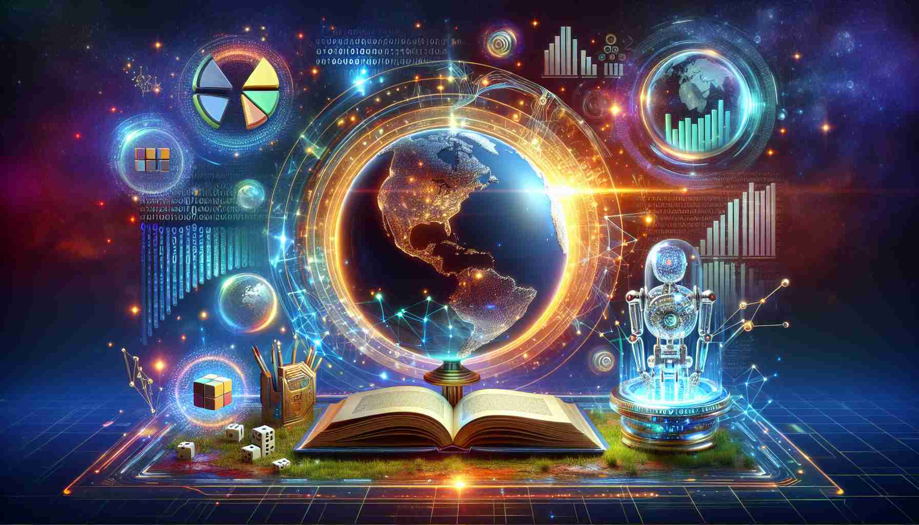 A high-definition, realistic image representing the concept of the 'Data Revolution' in AI. In the center, there is a traditional glass globe surrounded by a network of bright, glowing lines, symbolizing data connections. The globe stands on an open book, symbolizing knowledge. Nearby is a futuristic AI robot, its metallic surface reflecting the surrounding colors. Floating around are holographic images of binary code, bar graphs, and pie charts. The background consists of a sky filled with stars, hinting at the limitless possibilities of AI. At the top, in bold, stylized letters, are the words 'The Data Revolution is Here! Discover the Game Changer in AI'.