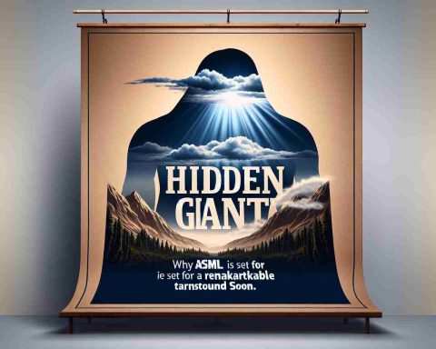 Create a high-definition, realistic image representing the concept of a 'Hidden Giant'. Have this giant displayed subtly, perhaps behind mountains or cloaked by clouds, to symbolize its concealed nature. To represent the turnaround, illustrate a change in scenery or weather condition like sunlight breaking through the clouds after a heavy storm. Next, create a text overlay in the image with 'Why ASML is Set for a Remarkable Turnaround Soon'.