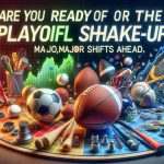 Realistic high-definition image of a metaphorical representation of a sports playoff shake-up. There are colorful charts and graphs in the background indicating major shifts. The foreground features assorted sports equipment like a basketball, a baseball, a football, and a hockey stick, implying multiple sports involved in these playoffs. Add text that reads, 'Are You Ready for the Playoff Shake-Up? Major Shifts Ahead.'