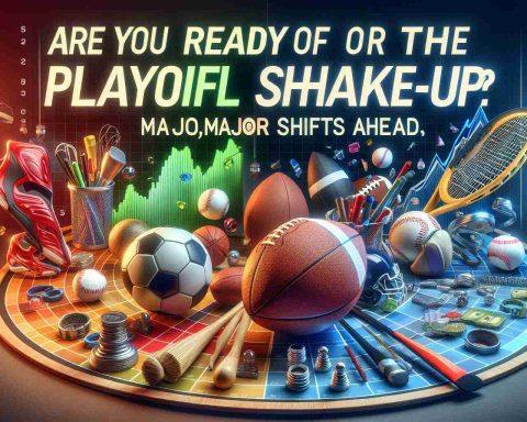 Realistic high-definition image of a metaphorical representation of a sports playoff shake-up. There are colorful charts and graphs in the background indicating major shifts. The foreground features assorted sports equipment like a basketball, a baseball, a football, and a hockey stick, implying multiple sports involved in these playoffs. Add text that reads, 'Are You Ready for the Playoff Shake-Up? Major Shifts Ahead.'