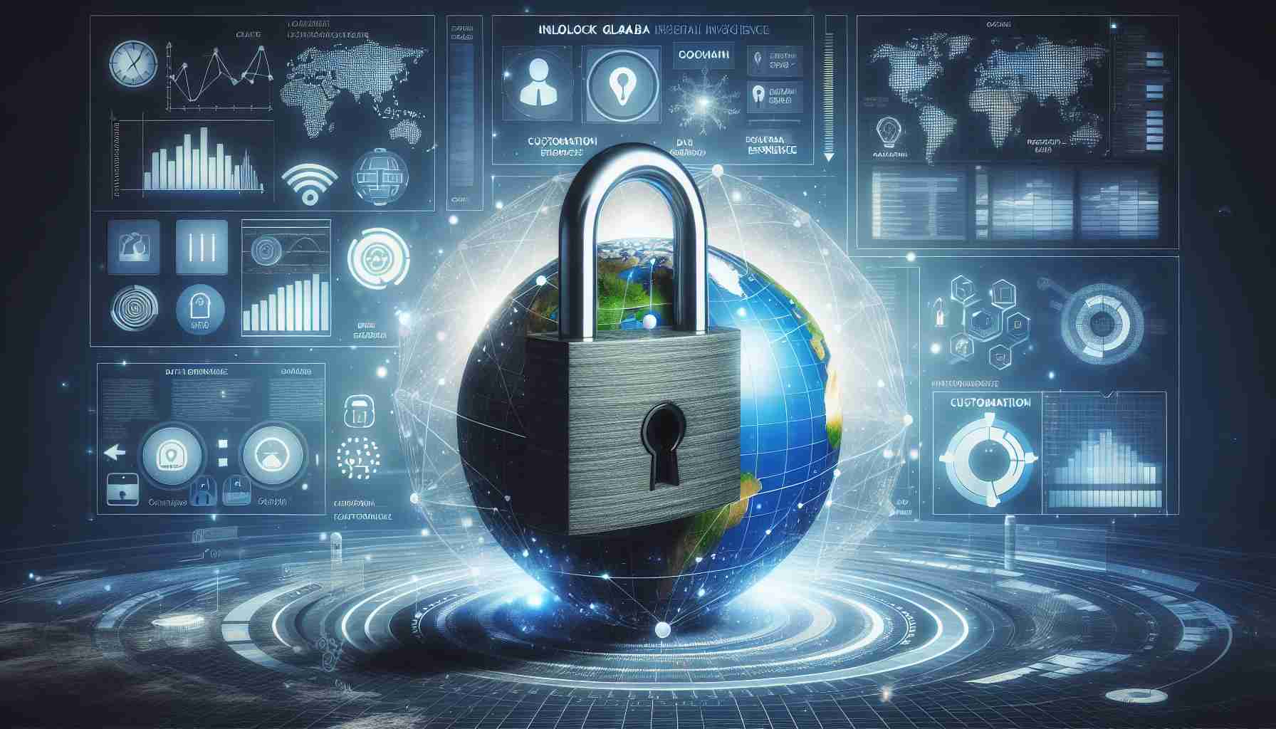 Generate a realistic high-definition image of the concept 'Unlock Global Insights'. The imagery should capture an opened padlock symbolizing 'unlocked', and a globe to represent 'global'. These should be surrounded by the elements, including charts, graphs, and data points in different forms to illustrate 'data experience'. Various interactive elements such as touchpoints and buttons could be included to show 'customization'. The overall picture should represent the idea of having access to worldwide information through personalized data analysis.