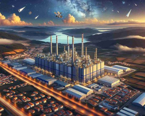 A high-definition, photorealistic image showcasing the revolutionary new factory in Portugal committed to making the country a powerhouse in satellite technology. The massive industrial structure should stand prominent amid a bustling industrial setting. Use contrast to emphasize the factory against the beautiful backdrop of Portugal's typical scenic elements: azure coastlines, rolling hills, and charming rural settlements. Include tiny satellites floating above the factory, symbolic of its production capabilities, and a vivid, deep-blue sky dotted by a few clouds radiating the energy of potential and promise.