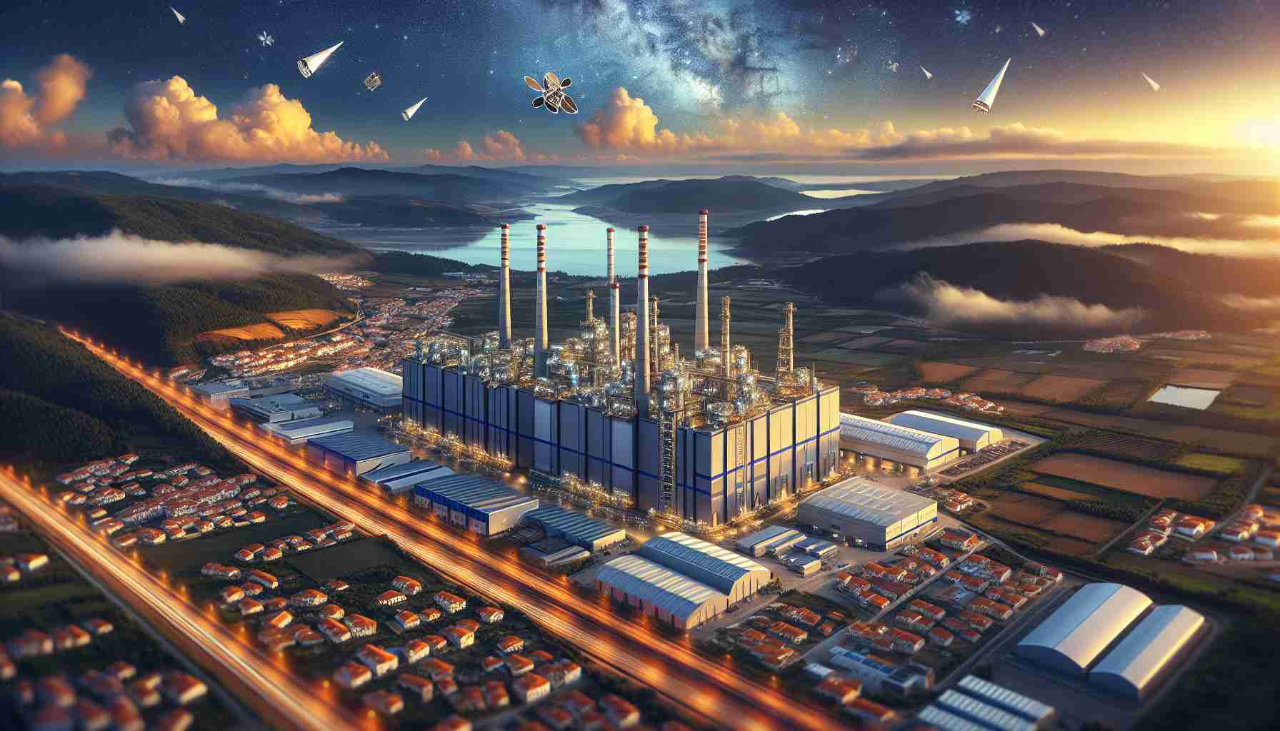 A high-definition, photorealistic image showcasing the revolutionary new factory in Portugal committed to making the country a powerhouse in satellite technology. The massive industrial structure should stand prominent amid a bustling industrial setting. Use contrast to emphasize the factory against the beautiful backdrop of Portugal's typical scenic elements: azure coastlines, rolling hills, and charming rural settlements. Include tiny satellites floating above the factory, symbolic of its production capabilities, and a vivid, deep-blue sky dotted by a few clouds radiating the energy of potential and promise.