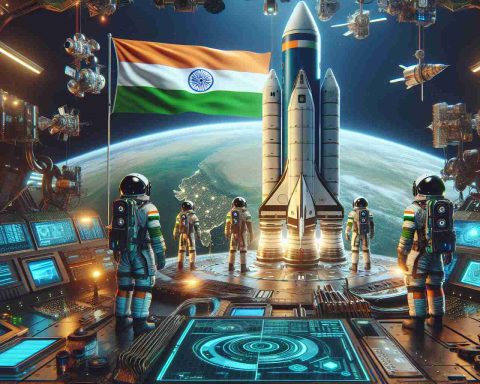 Create a high-definition, realistic image portraying a game-changing scenario in space travel, focusing on innovations that are crucial for defense. The image should feature a spacecraft on the verge of leaving Earth's atmosphere, with the iconic Indian tricolor fluttering in the command center. Preset are South Asian astronauts of various genders in their space suits, proud and ready for exploration. Remember, this is a futuristic view of space technology, so include elements such as advanced control panels, holographic interfaces, intricate machinery, and state-of-the-art suits.