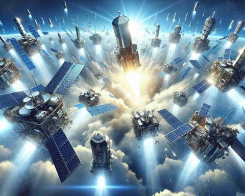 A highly detailed and realistic image of a moment embodying a bold revolution in satellite technology taking place. Portray the sky opening up with a multitude of satellites being launched, their metallic bodies gleaming against the sapphire blue of the sky. The satellites can be of various shapes and sizes, perhaps with rotating solar panels sparkling in the sunlight. The scene should convey a sense of awe, progress, and the limitless potential of technology. As a backdrop, incorporate various elements of a typical day on Earth with blue skies and white, fluffy clouds.