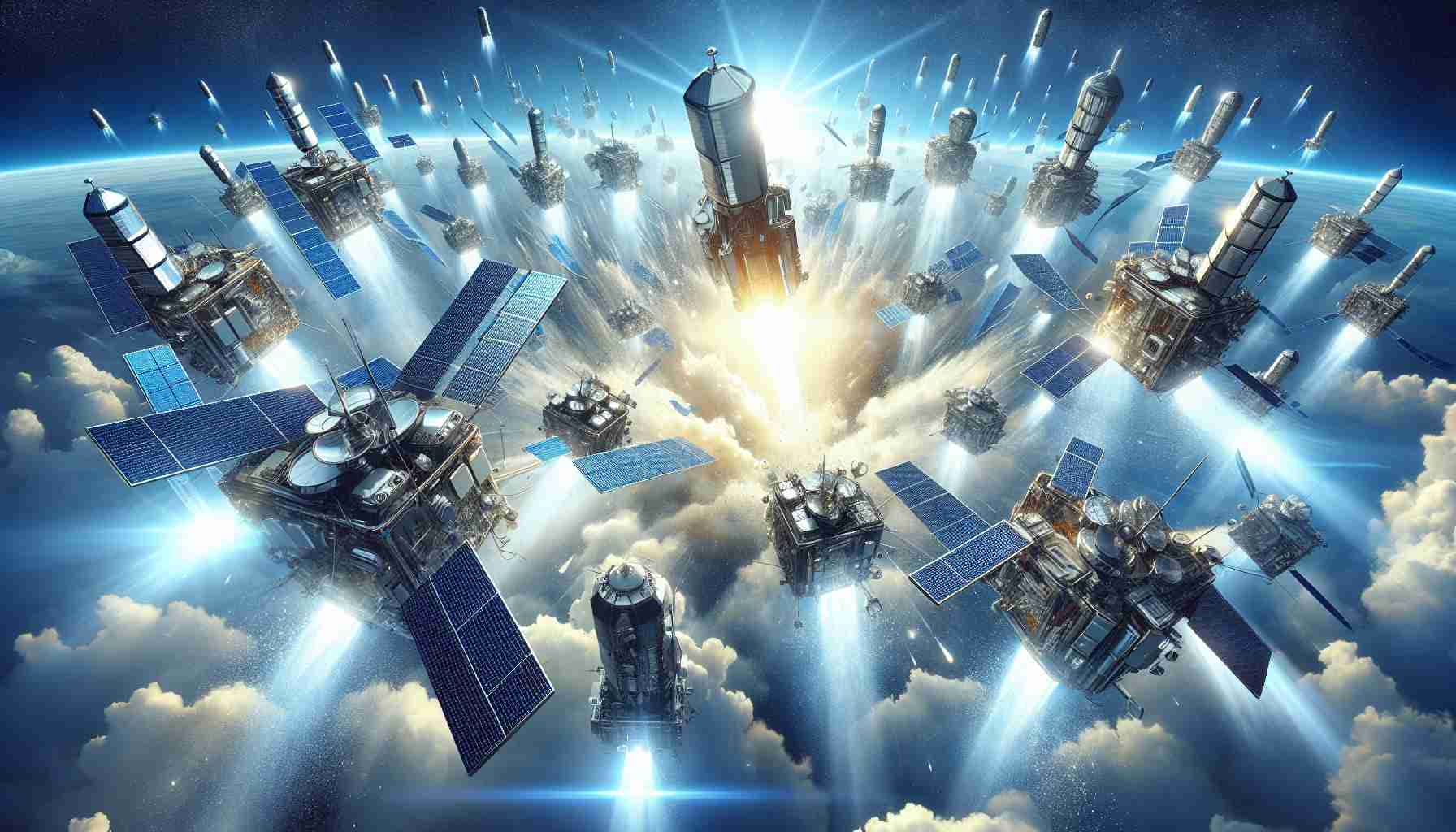 A highly detailed and realistic image of a moment embodying a bold revolution in satellite technology taking place. Portray the sky opening up with a multitude of satellites being launched, their metallic bodies gleaming against the sapphire blue of the sky. The satellites can be of various shapes and sizes, perhaps with rotating solar panels sparkling in the sunlight. The scene should convey a sense of awe, progress, and the limitless potential of technology. As a backdrop, incorporate various elements of a typical day on Earth with blue skies and white, fluffy clouds.