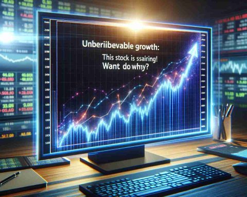 Create a realistic high definition image depicting the concept of a sharply increasing graph on a stock market screen. The display should be glowing in cool, modern colors, and an overlaid text saying 'Unbelievable Growth: This Stock is Soaring! Want to Know Why?'