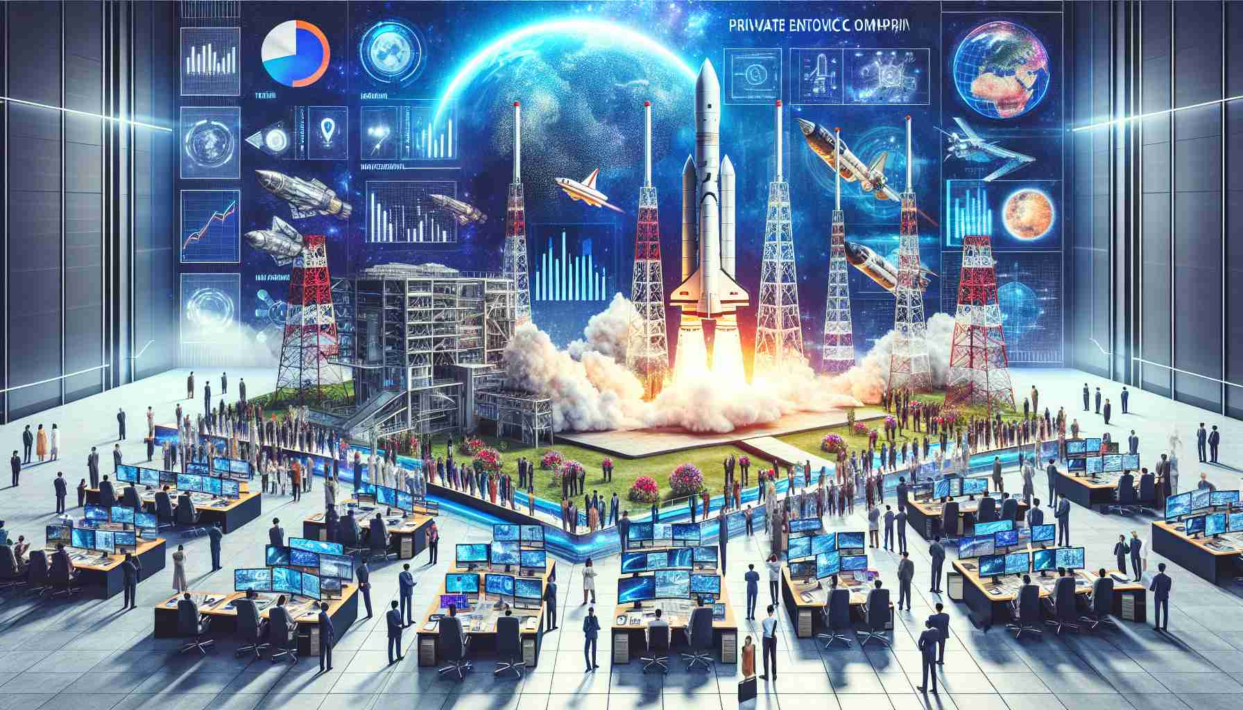 Create a high-definition realistic image of a space revolution commencing, signifying a major shift for private entities. The theme should revolve around India, showcasing elements such as launch sites with rockets ready for take-off, high-tech control rooms filled with diverse professionals of different genders and descents, and charts showing rapid advancements in space technology.