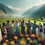 Realistic HD image of farmers in Kashmir expressing concerns about their land being taken over by developmental projects. The scene should include a mix of Middle-Eastern and South Asian male and female farmers surrounded by the yet untouched beautiful terrains and lush green fields of Kashmir. They ought to be engaged in a discussion about the possible incoming development projects. Their emotions should reflect apprehension about the potential loss of their ancestral lands.