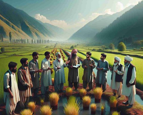 Realistic HD image of farmers in Kashmir expressing concerns about their land being taken over by developmental projects. The scene should include a mix of Middle-Eastern and South Asian male and female farmers surrounded by the yet untouched beautiful terrains and lush green fields of Kashmir. They ought to be engaged in a discussion about the possible incoming development projects. Their emotions should reflect apprehension about the potential loss of their ancestral lands.