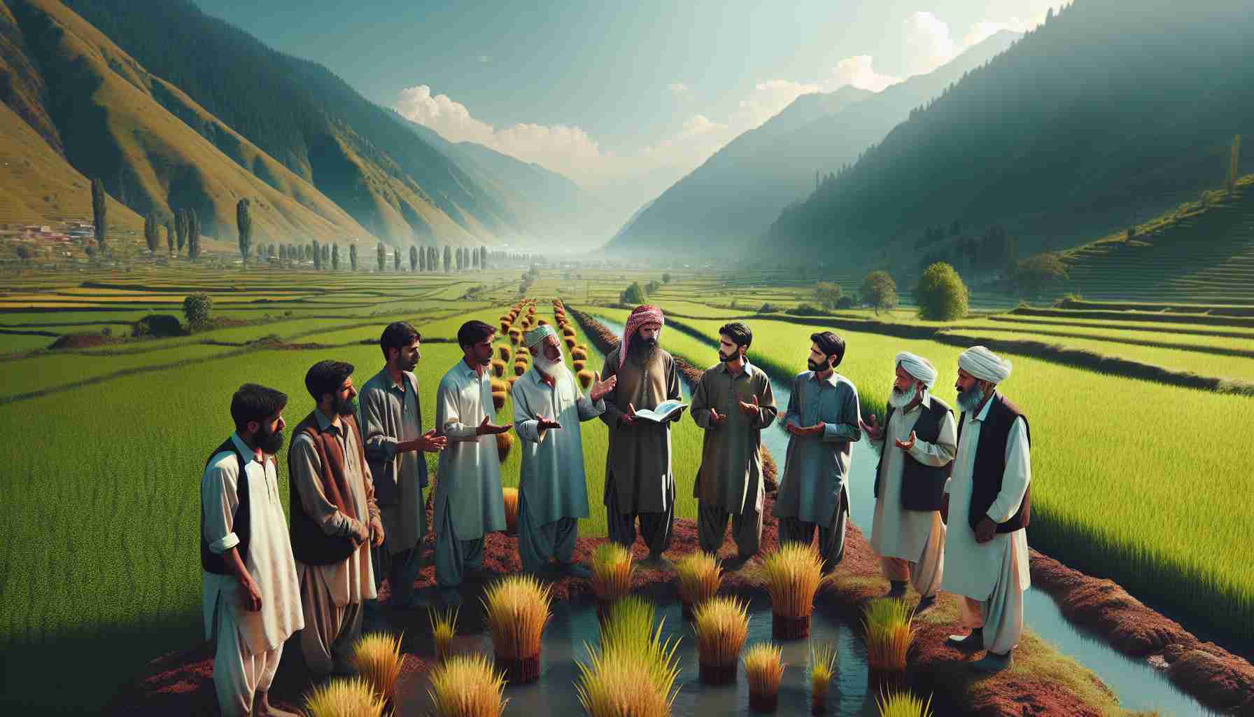 Realistic HD image of farmers in Kashmir expressing concerns about their land being taken over by developmental projects. The scene should include a mix of Middle-Eastern and South Asian male and female farmers surrounded by the yet untouched beautiful terrains and lush green fields of Kashmir. They ought to be engaged in a discussion about the possible incoming development projects. Their emotions should reflect apprehension about the potential loss of their ancestral lands.