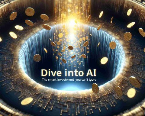 Generate a realistic high definition image of an abstract concept representing an investment in AI technology. Picture a deep pool of light, symbolizing the vast potential of AI, being filled with gold coins to signify investment. Over the pool, a bold title text should state 'Dive into AI: The Smart Investment You Can't Ignore'. The overall mood of the image should evoke a sense of opportunity and urgency.