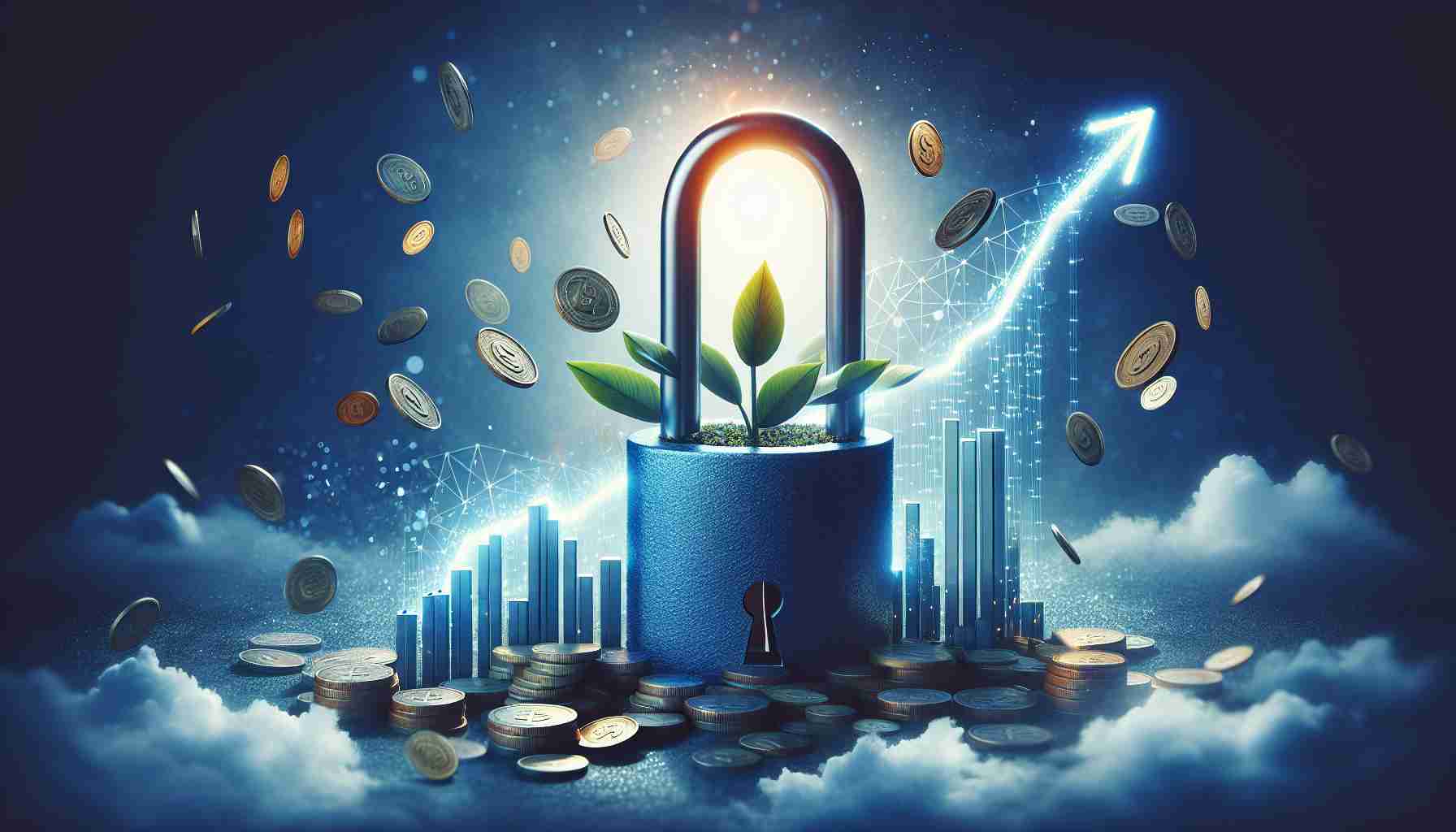 Create a realistic, high definition image that could be used as a graphical representation of financial growth and success. This might include imagery of a padlock being opened, symbolizing the unlocking of growth, or maybe a steadfast growing plant to represent dividends. The overtones and undertones of the image should emote a sense of uncertainty to capture the complexity of investing in uncertain times. No people, company logos, or references to specific stocks should be included in the image.