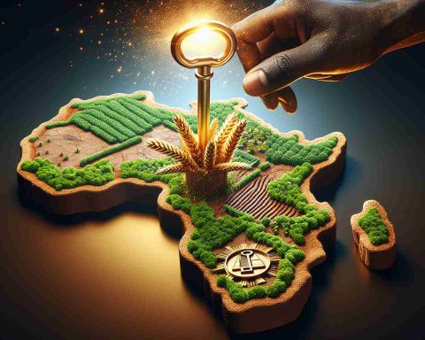 High definition, realistic image depicting the concept of unlocking Africa's agricultural future. Picture a map of Africa made from rich, fertile soil with a large, golden key being inserted into it. The key symbolizes the potential for agricultural development and prosperity. The image also features an emblem of an agricultural conference, perhaps a stalk of grain or a tractor, denoting the start of the event. Finishing touches include the buzz of excitement and anticipation in the air, possibly represented by sparkles or rays of sunlight.