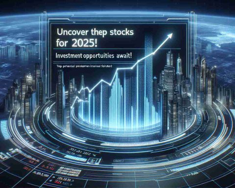 Detailed, high-definition image of a futuristic financial forecast presentation, showing the highest potential stocks in an international exchange for the year 2025. The scene includes a digital chart indicating rising lines, suggesting the projection of top performing stocks, with the phrases 'Uncover the Top Stocks for 2025! Investment Opportunities Await' prominently displayed.