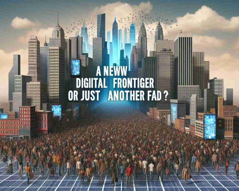 Create an image representing a mass exodus from social media, depicted as multitudes of diverse individuals (including Caucasian, Hispanic, Black, Middle-Eastern, and South Asian men and women) leaving digital platforms represented as massive buildings or cities. Over this scene, place the text 'A New Digital Frontier or Just Another Fad?' in bold, contrasting letters. All elements should be rendered in a realistic HD style.