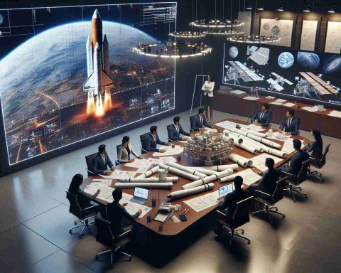 Render a high-definition, realistic image of a meeting room where project blueprints, prototypes, and satellite models are spread across a large table. At the head of the table, depict a South Asian woman, the new visionary leader of the space agency, engaging her team in ambitious discussions about future space missions, symbolizing enthusiastic times ahead. The atmosphere should be one of enthusiasm and forward-thinking determination.