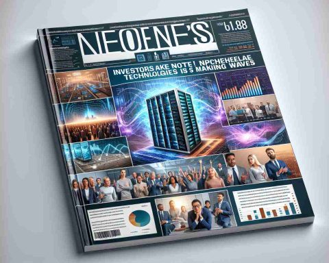 A high-definition, realistic image of a business magazine cover highlighting the exciting developments of a fictional technology company. The cover includes a big title that reads, 'Investors Take Note! Nephelae Technologies is Making Waves.' It features images related to technology, such as servers, graphs showcasing growth, futuristic cityscapes, and a variety of people (including Caucasian, Black, Hispanic, Middle Eastern, and South Asian men and women) showing excitement and anticipation.