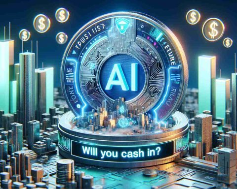 High-definition illustration of the concept 'Invest in the Future', symbolized by a futuristic metallic coin featuring an AI themed logo. Surrounding the coin are mini holographic stocks showing a positive trend. The coin is in the center of a city with towering skyscrapers, symbolizing the urban economy. A question echoed in the scene, 'Will You Cash In?', is depicted at the bottom in bold, enticing letters.