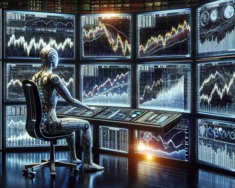 A highly detailed, realistic rendition of AI controlling and predicting the S&P 500 stock market. Picture a futuristic model where artificial intelligence confidently navigates the complex world of finance. The AI might be represented by lines of complex code or a modernistic, metallic figure studying vast monitors displaying fluctuating charts and graphs, signifying the constant evolution and flux within the stock market. This digital prediction powerhouse is metaphorically 'at the helm', with screens glowing with real-time data, numbers, percentages and indicators of the S&P 500 Index.