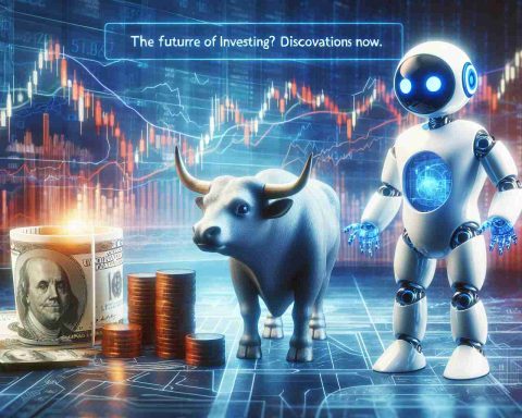 A high definition, realistic image of an abstract representation of stock market investing symbolized with traditional symbols such as a bull or bear, alongside a futuristic AI character suggesting the impact of technology on investing. The scene is with the heading 'The Future of Investing? Discover the Latest Innovations Now.'