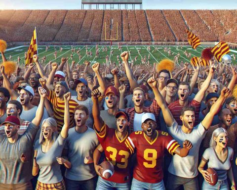 Render a high-definition, photorealistic image that portrays the vigorous energy and camaraderie of a college football game. Illustrate enthusiastic fans, from various demographic backgrounds, gathered together, cheering their teams. Place emphasis on how their shared love for the sport creates a bond, shaping the entire community and highlighting the competitive, yet uniting spirit of rivalry games.