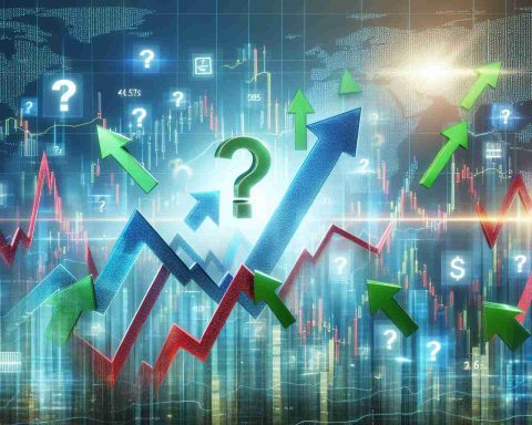 Generate a realistic high definition image portraying the concept of stock market movement. Visualize a stock called 'Company X' experiencing a surge, depicted with upward arrows and green charts. Then, signal uncertainty about the future with question marks and potentially downward arrows or red charts, indicative of a possible downturn.