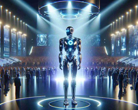 High-definition render of a futuristic concept showcasing a hypothetical scene: An innovative, humanoid robot created by a leading tech company is introduced to the world. The robot, named 'Optimus', stands tall and sleek, gleaming under the spotlight. It embodies the perfect blend of vibrant cutting-edge technology and elegant design features. It's a sight to behold, a sizzling spectacle portraying the technological revolution. The backdrop features an anticipation-filled atmosphere with people marveling at the dawn of this new era.