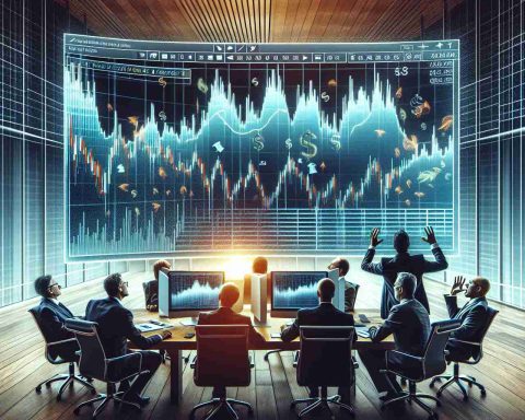 Create a high-definition and realistic image representing hedge funds trading activity. Imagine a graph on a high-end computer screen illustrating sudden and unexpected trading moves. Top investors are huddled around, analyzing and discussing the sudden shifts. Try to capture the excitement, surprise, and intensity of such a moment.