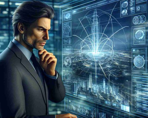 Realistic HD illustration of an ambitious visionary, characterized by a thinning hairline, prominent facial features, and a physically fit stature, reviewing plans for a telecommunications revolution in Italy. He's in a smart casual attire, studying a holographic screen that displays complex network diagrams and futuristic communications infrastructure.