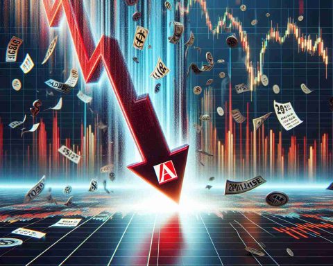 Realistic HD photo of the headline 'Adobe’s 2024 Plunge: What Went Wrong After Strong Earnings?' with symbolic background such as falling graphs and stock charts to symbolize a financial downturn. Please also include the Adobe logo.