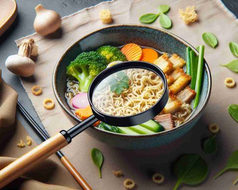 High-definition photo of Halal noodles served in a bowl with steaming hot soup, stir-fried vegetables and garnished with a sprinkling of fresh herbs. Alongside is a magnifying glass giving a closer look at the texture of the noodles, the cut of the vegetables and the fine details that go into making this delicious dish.