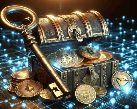 A high-definition, realistic image showcasing the concept of discovering valuable cryptocurrencies. The scene should feature a large, brass key turning in an ornate, antiquated lock. Once opened, the treasure chest reveals glittering coins marked with symbols of popular cryptocurrencies like Bitcoin, Ethereum, and Litecoin. All this is set against a digital backdrop suggestive of blockchain technology, featuring glowing, interconnected blocks.