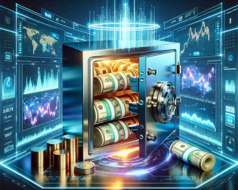 Generate a realistic HD image of a financial themed graphic. In the center, it should depict a large, shining safe box having a door slightly opened, revealing rolls of money and gold coins. Surrounding this, there should be futuristic holographic charts and graphs floating, representing stock market trends. Overlay the image with text that reads, 'Investment Secrets for 2025 Revealed! Discover the Top Picks.' Please emphasize a futuristic and digital vibe for this financial plot.