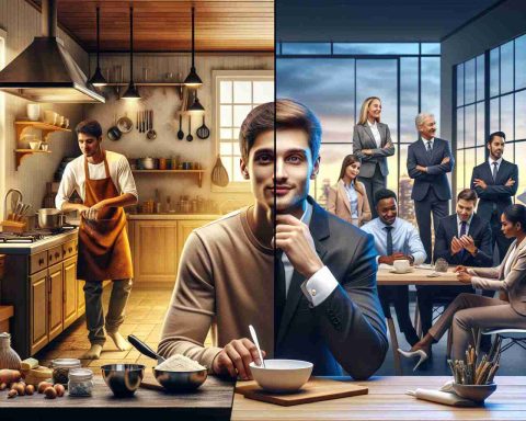 Generate a realistic HD image narrating the journey of an unexpected millionaire, showcasing contrasting scenes from modest beginnings to success. One half of the image reveals a humble kitchen, representing humble beginnings. It depicts a youthful, Caucasian male diligently working, indicative of hard work and aspiration. The other half transitions to a modern boardroom setting showcasing the same man, now mature and of higher social status, confidently leading a diverse group of professionals - a combination of men and women of Hispanic, Black, Middle-Eastern, and South Asian descent. The image should aptly capture a sense of surprising success and dramatic change in fortune.