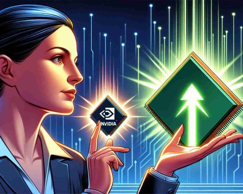 HD illustration of a female financial expert making a bold bet in the semiconductor industry. A strong focus is on two rival companies - one represented by a vibrant shining star and another by a dimmer, lesser star. The companies metaphorically represent AMD and Nvidia.