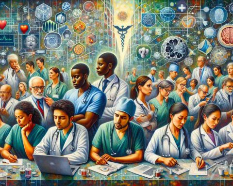 A vivid representation of the intersection of data science and healthcare painted in a realist style. Picture the scene as an allegorical tableau featuring a diverse group of medical professionals and data scientists of varying genders and descents. The medical professionals could include a Black female surgeon and a South Asian male nurse actively engaged in their work. Meanwhile, the data scientists could include a Hispanic female and a Caucasian male intensely studying patterns and algorithms on a computer screen. They are surrounded by metaphoric symbols of AI elements like neural networks, machine learning algorithms, and big data iconography.