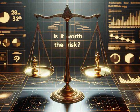 A high-definition, realistic image representing the idea of 'Investing at a Crossroads'. Visualize a pair of traditional golden scales, evenly balanced, with symbolic representations of investment risk and reward on each side. Below the scales, display the phrase 'Is it Worth the Risk?' in elegant, modern text. Surrounding the scene, incorporate subtle imagery relating to data analytics, like scatter plots, graphs, and data matrices, to hint at Palantir Technologies without directly stating the company name.