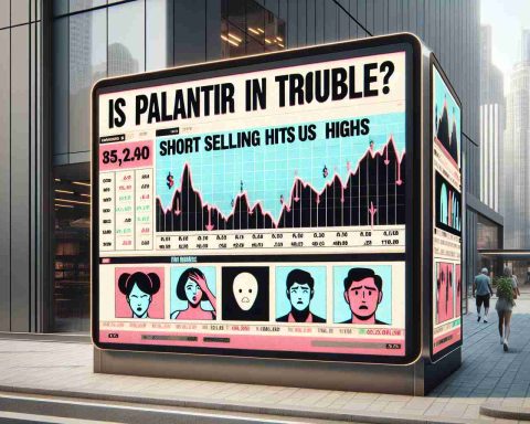 Generate an image of the headline 'Is Palantir in Trouble? Short Selling Hits New Highs', styled as a news headline on a digital screen, with additional visual elements like concerned faces and declining stock market graphs. The screen is located in a busy city street, implying the importance and public interest in this piece of news.