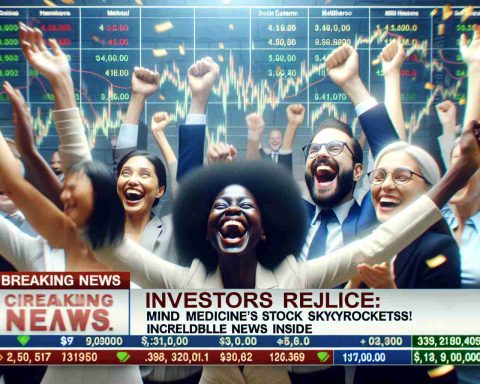 Generate a high-definition, photo-realistic image associated with the headline 'Investors Rejoice: Mind Medicine's Stock Skyrockets! Incredible News Inside'. The scene should show euphoric investors – a diverse representation including a Black woman, a Middle-Eastern man, and a South Asian woman – celebrating joyously. There's underlying context of a surge in a pharmaceutical company's stock. The company's name is represented in the ticker tape at the bottom of the screen, but the focus of the image is on the jubilant reactions and the spirit of immense success.