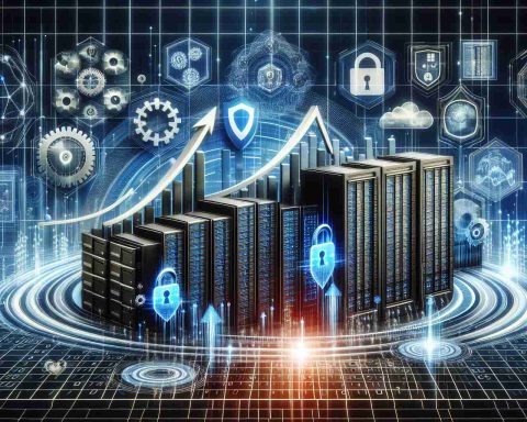 A high-definition and realistic representation of the concept of booming Big Data Security Software. The image should demonstrate the significant growth and potential of this technology. This could include graphs showing the rising trend, abstract symbols representing data security, like padlocks, firewalls, or shields, and images related to big data, such as server racks, data centers, and massive streams of binary code. Also, include a banner at the top with the text 'Big Data Security Software is Booming! Here’s What You Need to Know.'