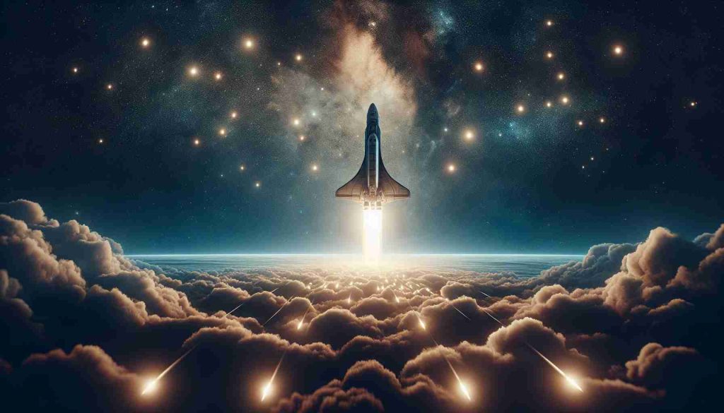 Generate a realistic, high-definition image illustrating the future of space travel. Focus on depicting a revolutionary starship just as it's launching. This is a significant moment, marking the dawn of a new era in space exploration. The image should convey the excitement, potential, and majesty of this pivotal moment.