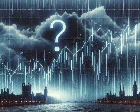 A high-definition, realistic representation of a stock chart pattern undergoing a rough phase, symbolic of a controversial stock hitting a difficult phase. The stock chart should have irregular patterns signifying fluctuation and uncertainty. The background should have a gloomy, cloudy weather indicating stormy times for the stock. There should also be a question mark hovering above the chart, indicating uncertainties about the future of the controversial stock.