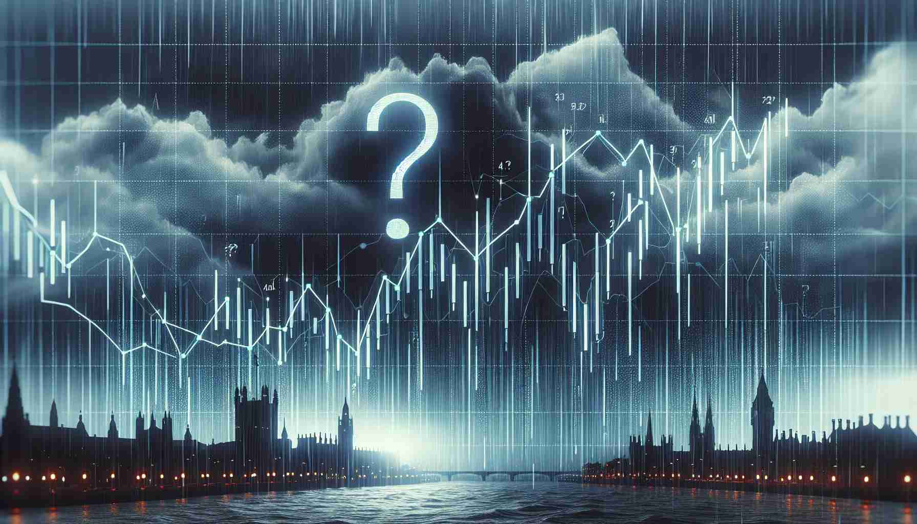 A high-definition, realistic representation of a stock chart pattern undergoing a rough phase, symbolic of a controversial stock hitting a difficult phase. The stock chart should have irregular patterns signifying fluctuation and uncertainty. The background should have a gloomy, cloudy weather indicating stormy times for the stock. There should also be a question mark hovering above the chart, indicating uncertainties about the future of the controversial stock.