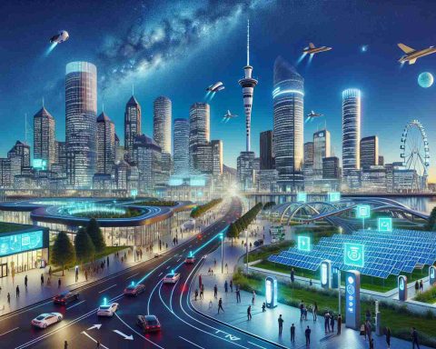 Generate a high-definition, realistic image representing New Zealand's potential future as a technological hub, akin to the stature of Silicon Valley. Depict this through a panorama view of a futuristic cityscape with technologically advanced buildings, solar panels, incorporated green spaces, illuminated by neon lights and digital billboards. Also, include charging pods for electric vehicles on the streets, futuristic transportation methods like hyperloops or flying cars, and people of various descents and genders using interactive digital interfaces on public displays. The clear, starry night sky above mirrors the hopeful vision of the city's bright future.