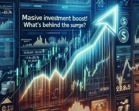 A high-definition photograph illustrating the concept of a tangible, metaphorical representation of a significant investment boost in a technology company. The image is a stock-market themed composition, with a glowing arrow skyrocketing upwards, digital graphs about the company's success, currency symbols, and elements that represent technological innovation. An anonymous headline in bold text that reads: 'Massive Investment Boost! What’s Behind the Surge?' subtly fills a corner of the picture. Please keep this image visually articulate, rich with colors and details.