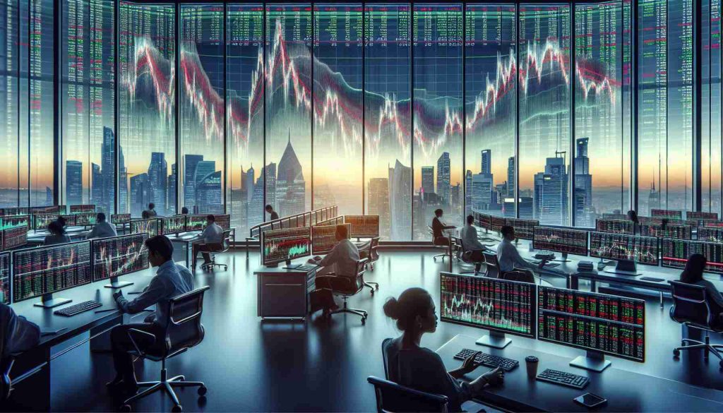 A highly detailed, realistic image representing an unprecedented challenge for the stock market. It depicts unprecedented fluctuations in stock market graphs, with red and green lines indicating price changes. Trading screens are filled with numbers and charts, reflecting volatility and uncertainty in the market. Traders, Asian woman and Middle-Eastern man, can be seen analyzing these complex graphs on computer screens in a bustling trading floor filled with people of various descents and genders. Office setup with tables, chairs and terminals scattered around sets the scene. Outside of the large glass windows, a global city skyline at sunset is faintly observed.